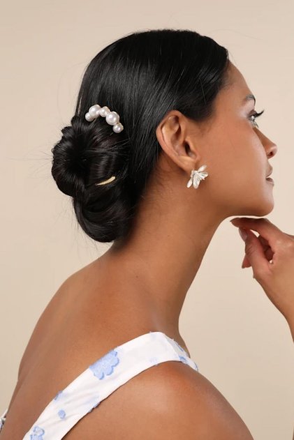 Inlaid Pearl Silver Color Metal Bun Hair Clip