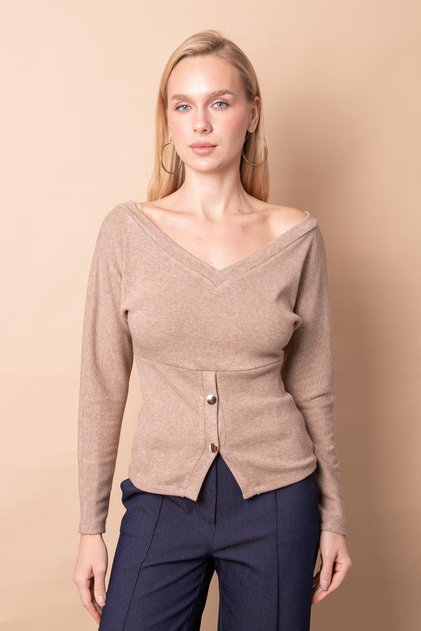 Women's Knitwear Front Back V-Neck Bat Long Sleeve Buttoned Blouse -Camel