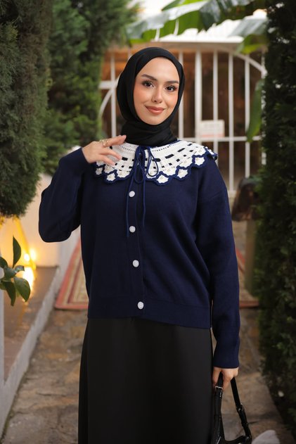 Navy Blue Collar Lace Detailed Buttoned Knitwear Cardigan