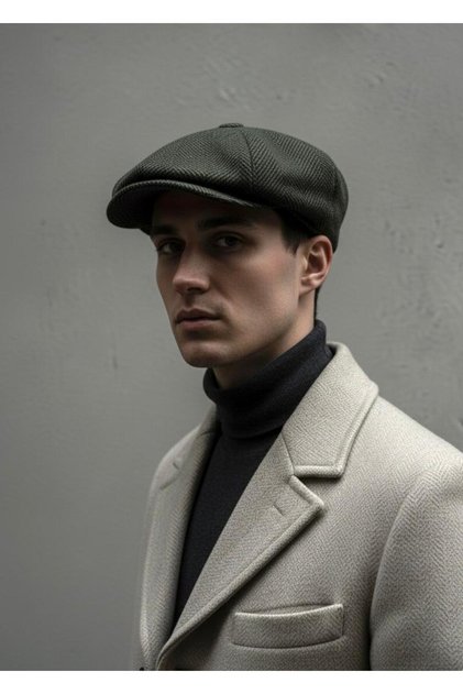 Men's 8-Piece Elastic One-Size Premium Cap Hat Khaki Herringbone