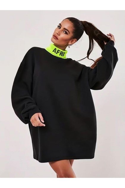 Black Neon Green Collar Detail Oversized Turtleneck Women's Sweatshirt Tunic
