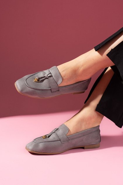 Viona Gray Suede Loafer Ballet Flats with Mini Bow Accessory