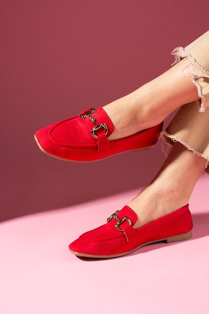 Μπαλαρίνες Loafer Arven Red Suede με χρυσή πόρπη