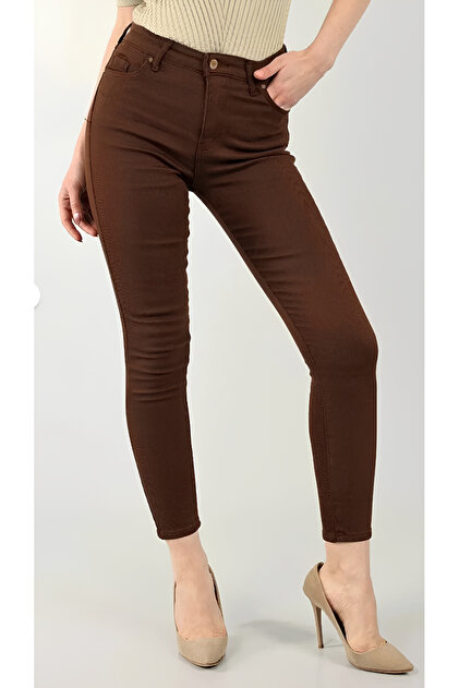 Kadın Kahve Dar Paça Jeans Kot Solmaz Skinny Jean Toparlayıcı Pantolon