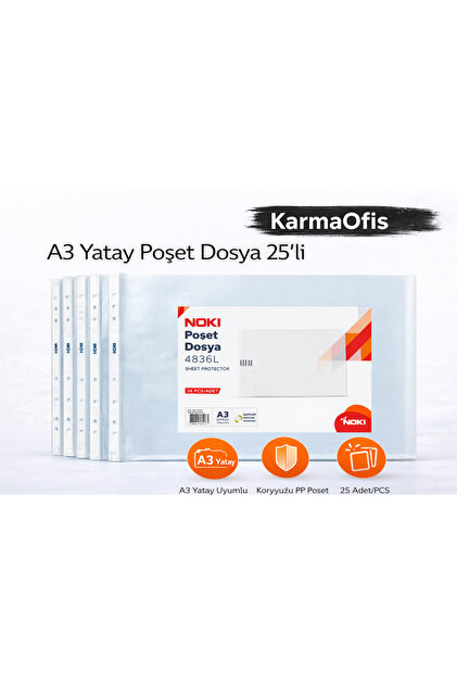 KarmaOfis A3 Yatay Poşet Dosya 25'li – Şeffaf PP Geniş Evrak