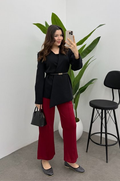 Women's Burgundy Elastic Waist Scuba Comfortable Cut Trousers