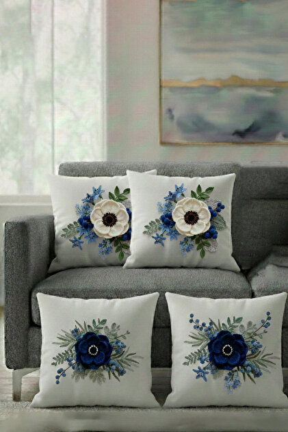 Punch Embroidery Pattern Blue and White Floral on White Background 4-Piece Digital Printed Throw Pillow Cover