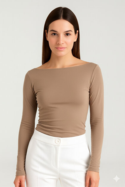 Women's Taupe Ultra Soft Boat Neck Long Sleeve Blouse