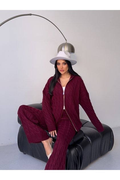 Hooded Double Zippered Hair Knitting Knitwear Set