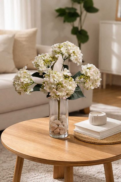 YAPAY LÜKS ORTANCA 5 Lİ DEMET 45 CM BOYUNDA DEKORATİF SAKSI ÇİÇEĞİ