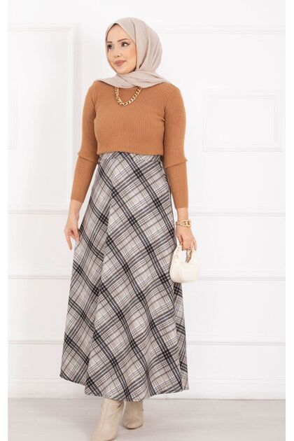 Women's Plaid Printed Flared Skuba Long Skirt