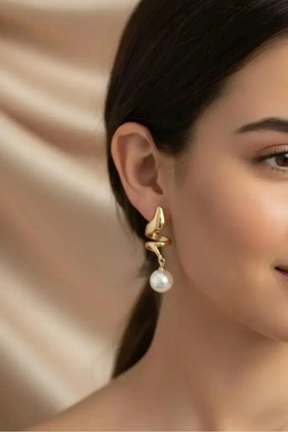 Pearl Detailed Spiral Model Gold Color Brass Women's Earrings Non-Tarnish | Stylish and Durable Jewelry