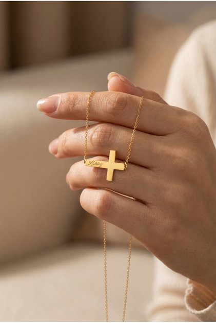 925 Ayar Gümüş Kişiye Özel İsimli Yan Haç Kolye 14 Ayar Altın Kaplama Gold Rengi Gümüş Kolye