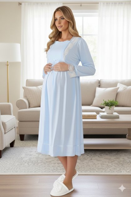 New Season Women's Blue Lace Buttoned Special Design 100% Cotton Maternity Nightgown