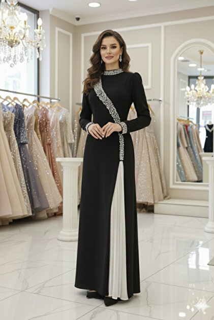 Aynur Tesettr Modest Evening Dress Pearl Crystal Beading Embroidered  Pleated Stretch Fabric Fabric Engagement Dress Modest Dress- Trendyol