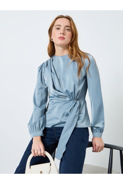 Women Solid Round Neck Ruched Top