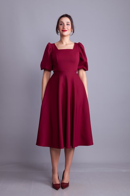 Burgundy Balloon Sleeve Square Neck Midi Dress