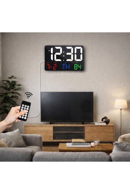 Dekoratif Renkli LED Dijital Duvar Saati | HD Ekran, Tarih Gün Sıcaklık, Alarmlı 25X16