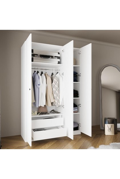 KB6040 GOSS 135cm Beyaz Kapaklı Gardırop,3 Kapaklı,2 Çekmeceli,5Raflı,Askılı Elbise ve Yüklük Dolabı