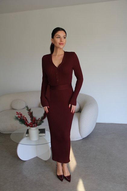 V Yaka Düğmeli KUŞAKLI Bodycon Midi Örme Triko Kalem Elbise
