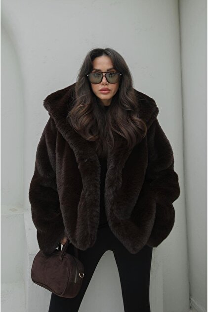 Havoş Bitter Brown Spokes Plush Faux Fur Coat- Trendyol