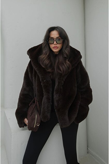 Havoş Bitter Brown Spokes Plush Faux Fur Coat- Trendyol