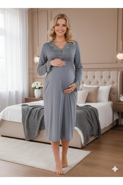 Women's Smoked Lace Buttoned Special Design Long Sleeve 100% Cotton Maternity Nightgown