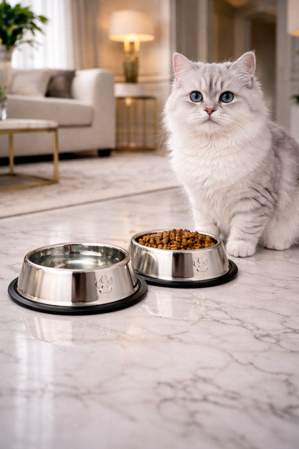 1 ADET Devrilmez Kaydırmaz Taban Paslanmaz Çelik Kedi Köpek Mama / Su Kabı 16 cm 250 ml