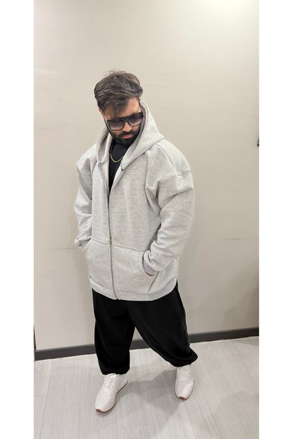 Gray Color Oversized Large Size Zippered Wide Fit Oversized 3 Thread Ş Fleece-Lined Cotton Hoodie