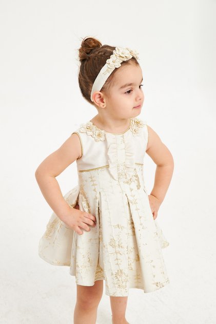 Girl's Evening Dress Ball Gown & Special Occasion Gold Piping and Floral Detail Jacquard with Gift Crown