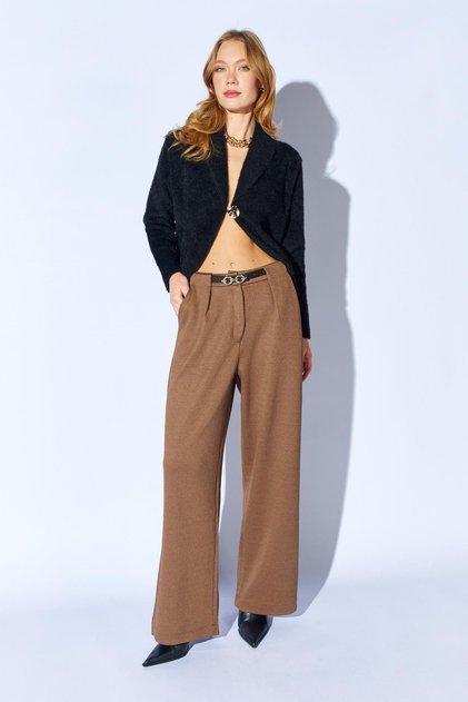 Women's Brown Inside-Waisted Wide-Leg Wool Effect Trousers