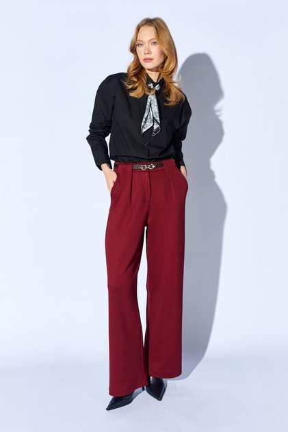 Women's Burgundy Inside Belted Wide Leg Wool Effect Trousers
