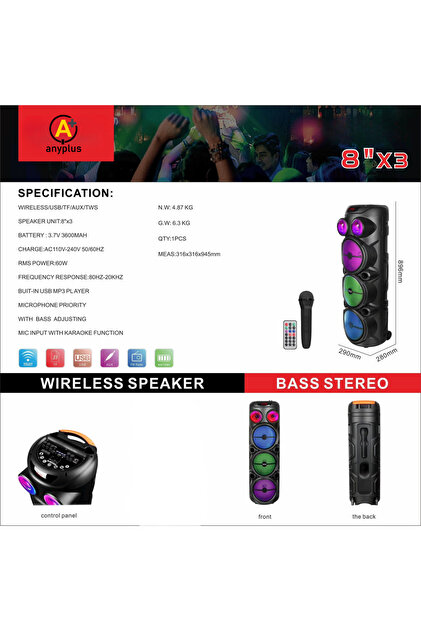 a+ anyplus 3X8 İNÇ BÜYÜK BOY TEKERLEKLİ BLUETOOTH SPEAKER ŞARJLI