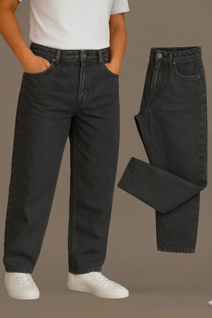 Erkek Antrasit Baggy Fit Likrasız Rahat Kesim Jean Pantolon