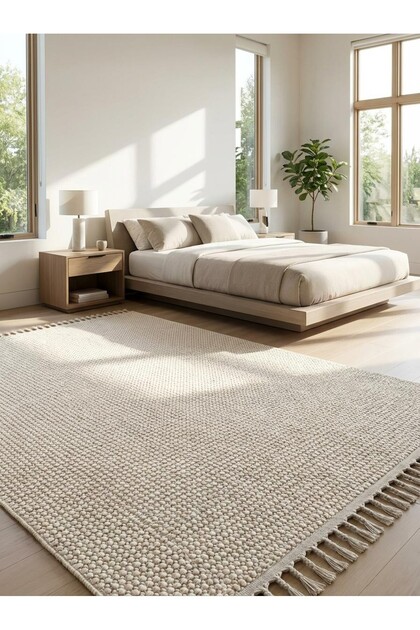 Mumbai S256 Beyaz Renk Modern Düz Bukle Halı Kilim Kolay Temizlenebilir Salon Mutfak Koridor Yolluk
