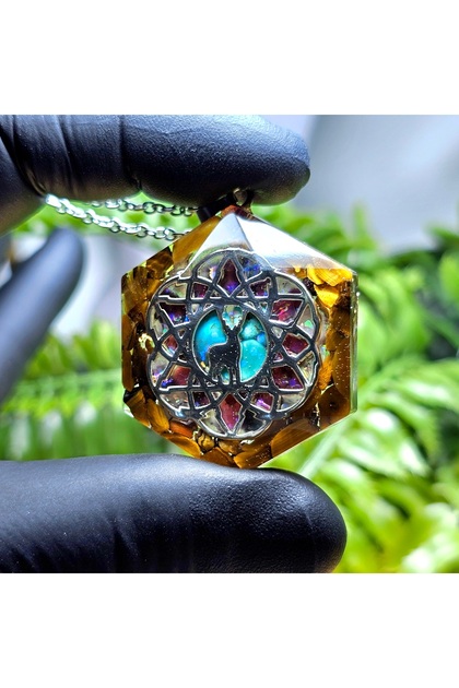 Deer Symbol - Tiger Eye Steel Chain Orgonite Necklace - with Hologram - (Handmade Design Products)
