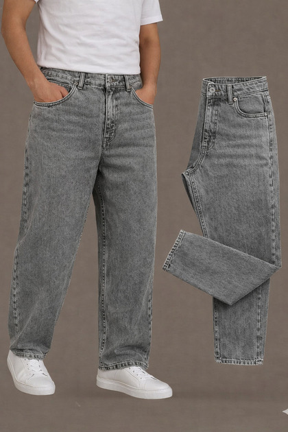 BM BALANCEMODA Erkek Gri Baggy Fit Likrasız Rahat Kesim Jean