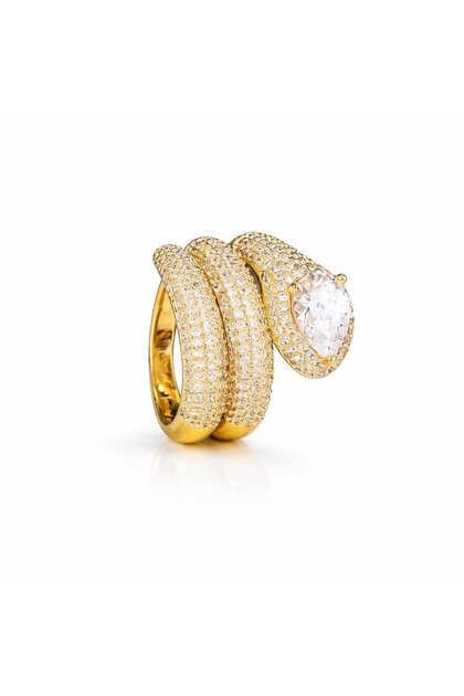Spiral Model Drop Stone Large Form Sparkling Gold Ring