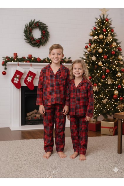 Brother and Sister Combination Soft Cotton Lisbon Fabric Plaid Pajama Set (the Price Is for One Set)