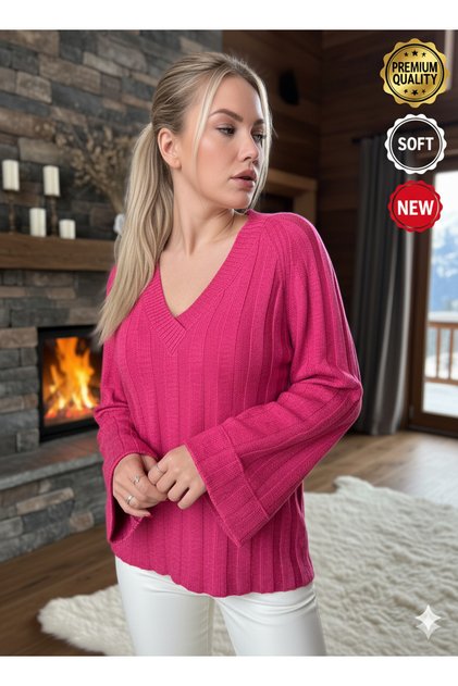 Women's Fuchsia Pink Spanish Sleeve Deep V-Neck Sweater
