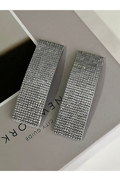 2-Piece Silver Full Stone Rectangular Snap Fastener Side Clasp
