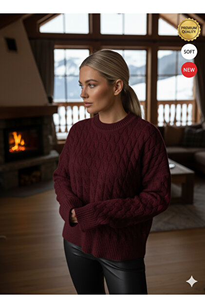 Дамски бордо пуловер с лека текстура, плитка, боксерска кройка и екстра дълги ръкави S M L Съвместим