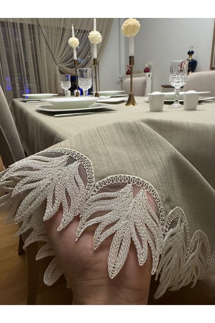 Handcrafted Dowry Lace Detailed Carefree Oval Tablecloth Stone Color