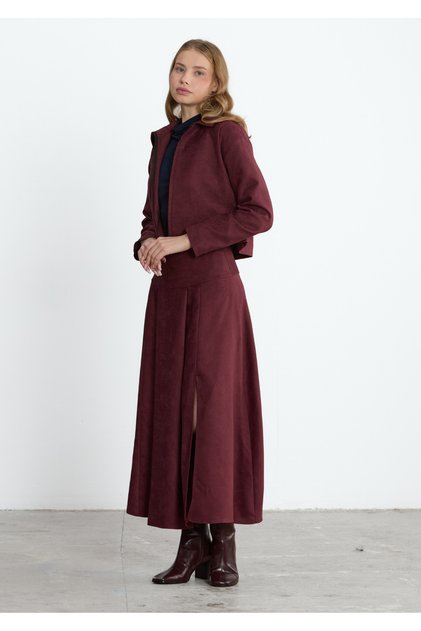 Burgundy Flounce Detailed Suede Long Skirt with Slit