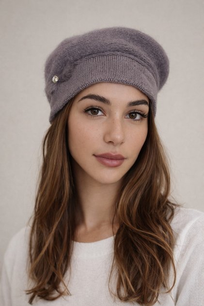 Women's Mink Wool Texture Hat with Stone Brooch Detail - Flexible Soft Angora