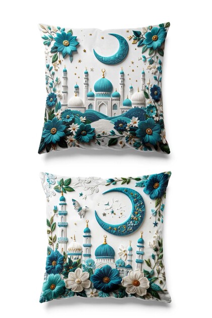 Double Sided Printed Set of 2 Suede Throw Pillow Covers - Ramazan Aqua - Ramadan Kareem