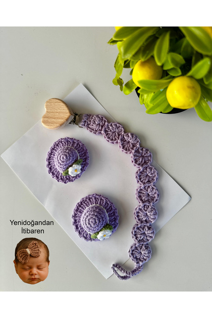Newborn Hairless Baby Hair Clip and Pacifier Strap Handmade Knitted Set of 3