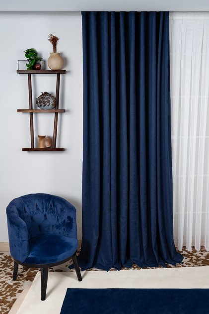 Ada Fon Velour Curtain Economic Elegant Suitable for Any Room Living Room Bedroom Children's Room No Pleats Dark Blue