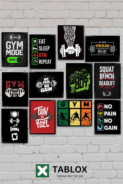 Gym Spor Salonu Bodybuilding Fitness No Pain No Gain 12 Parça Dekoratif MDF Tablo Seti Hediyelik