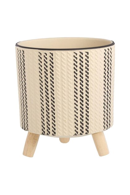 Masca Ghiveci Ceramica Bej cu Dunga Neagra & Picioare din Lemn Ø14x14cm - 1.3lt